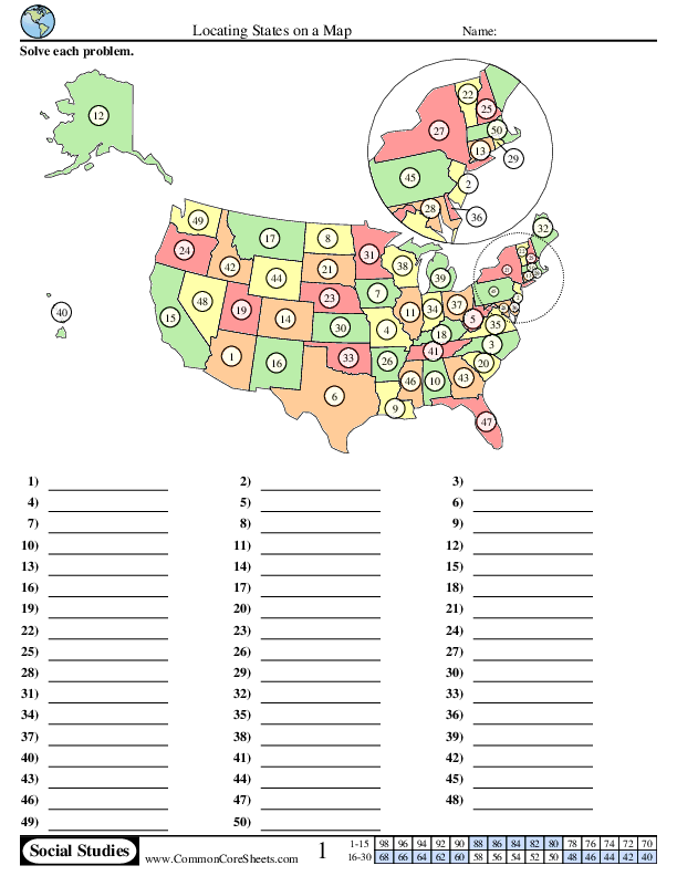 Locating States on a Map worksheet